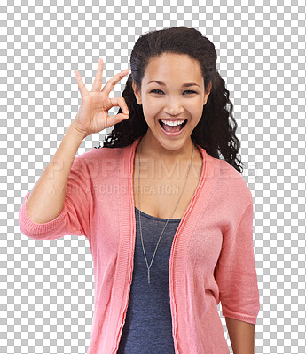 Buy stock photo OK sign, woman portrait and hand sign for support, success and winner approval. Smile of female model with yes finger emoji for motivation, like or review isolated on a transparent, png background
