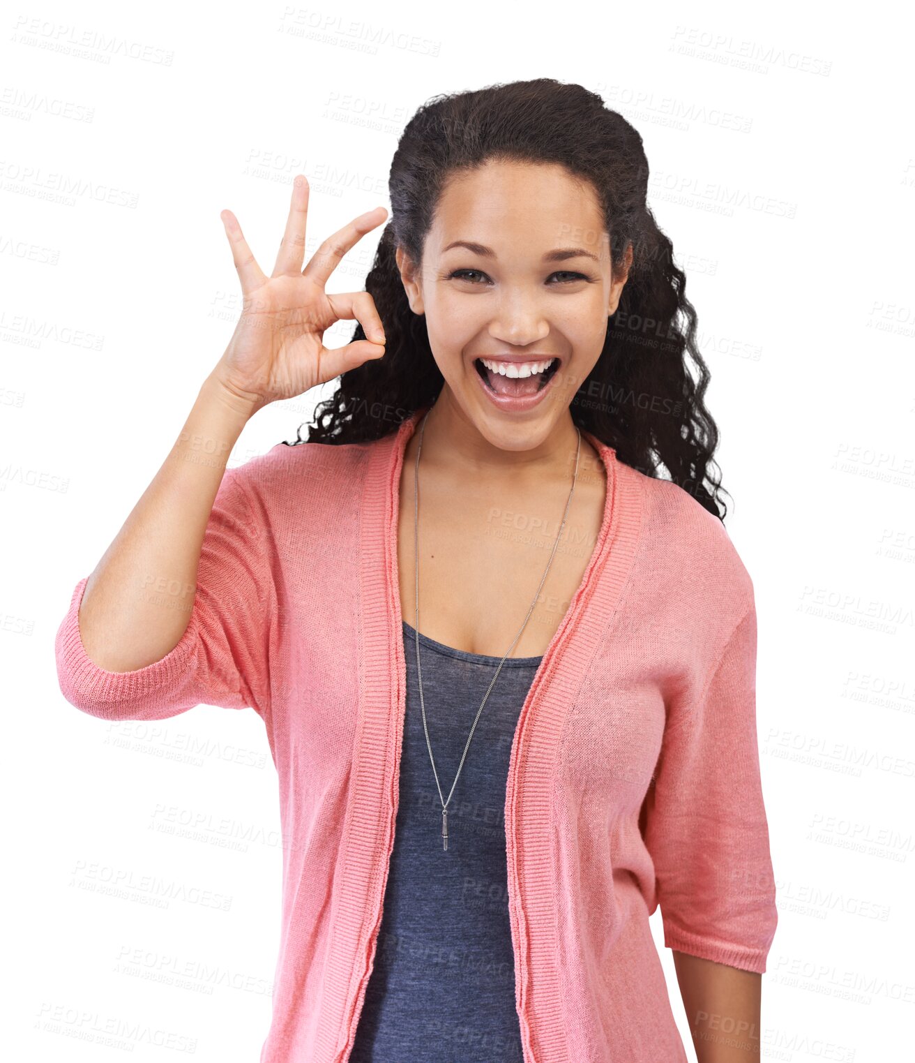 Buy stock photo OK sign, woman portrait and hand sign for support, success and winner approval. Smile of female model with yes finger emoji for motivation, like or review isolated on a transparent, png background
