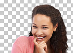 Excited girl and biting finger portrait with happy, aha and cheerful smile for brainstorming. Happiness of black woman with ideas, confidence and optimistic mindset in isolated on a png background