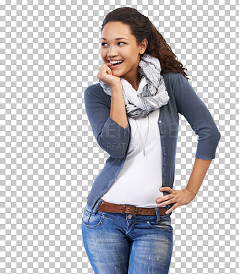 Buy stock photo Fashion, flirt and woman bite her finger for a cute expression with a casual stylish outfit. Smile, happy and young female model with trendy and cool style isolated by a transparent png background.