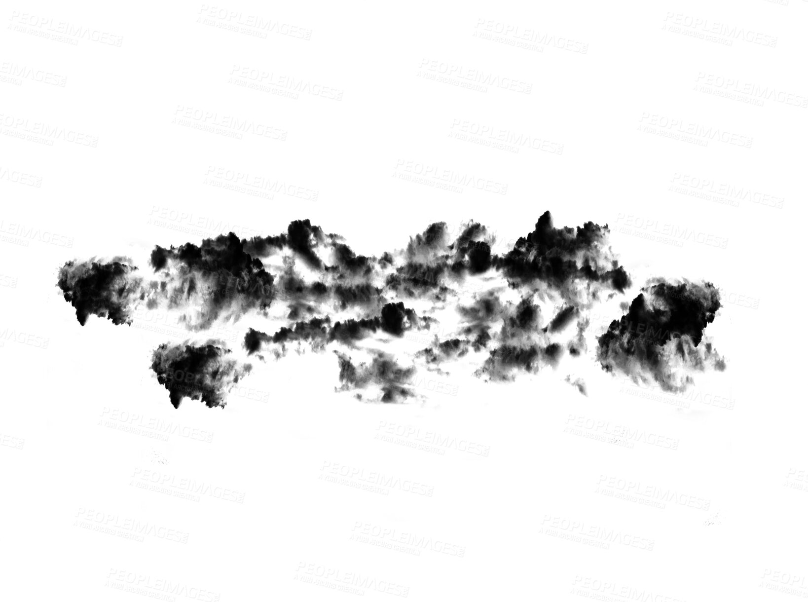 Buy stock photo Black smoke cloud, fog or smokey flare and pattern of steam or gas, mist explosion with a powder spray and a design element texture isolated on a transparent, abstract graphic and png background