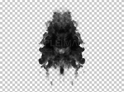 Buy stock photo Black smoke cloud, fog or smokey flare and steam or gas, mist explosion with a powder spray. Rorschach test, design element and texture isolated on a transparent background