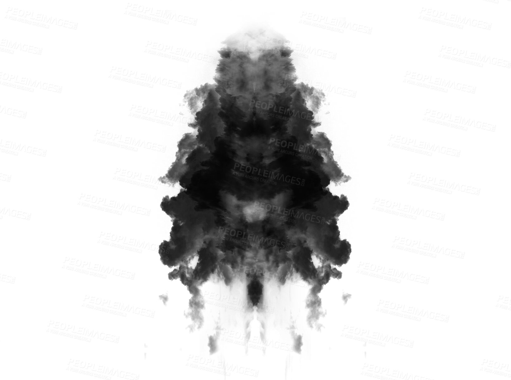 Buy stock photo Black smoke cloud, fog or smokey flare and steam or gas, mist explosion with a powder spray. Rorschach test, design element and texture isolated on a transparent background