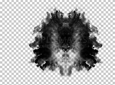 Buy stock photo Black smoke cloud, fog or smokey flare and steam or gas, mist explosion with a powder spray. Rorschach test, design element and texture isolated on a transparent background