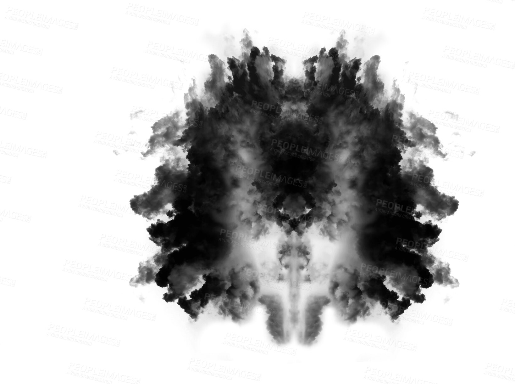 Buy stock photo Black smoke cloud, fog or smokey flare and steam or gas, mist explosion with a powder spray. Rorschach test, design element and texture isolated on a transparent background