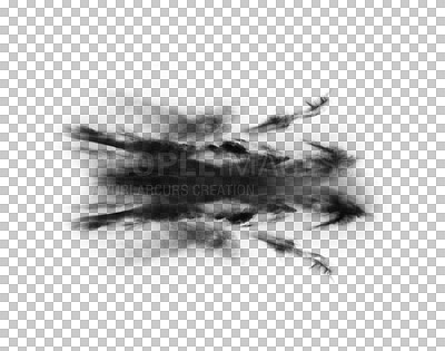 Buy stock photo Black smoke cloud, fog or smokey flare and steam or gas, mist explosion with a powder spray. Rorschach test, design element and texture isolated on a transparent background