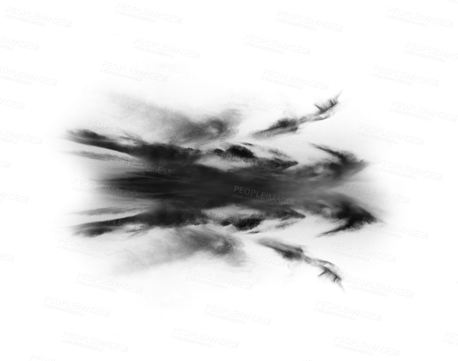 Buy stock photo Black smoke cloud, fog or smokey flare and steam or gas, mist explosion with a powder spray. Rorschach test, design element and texture isolated on a transparent background