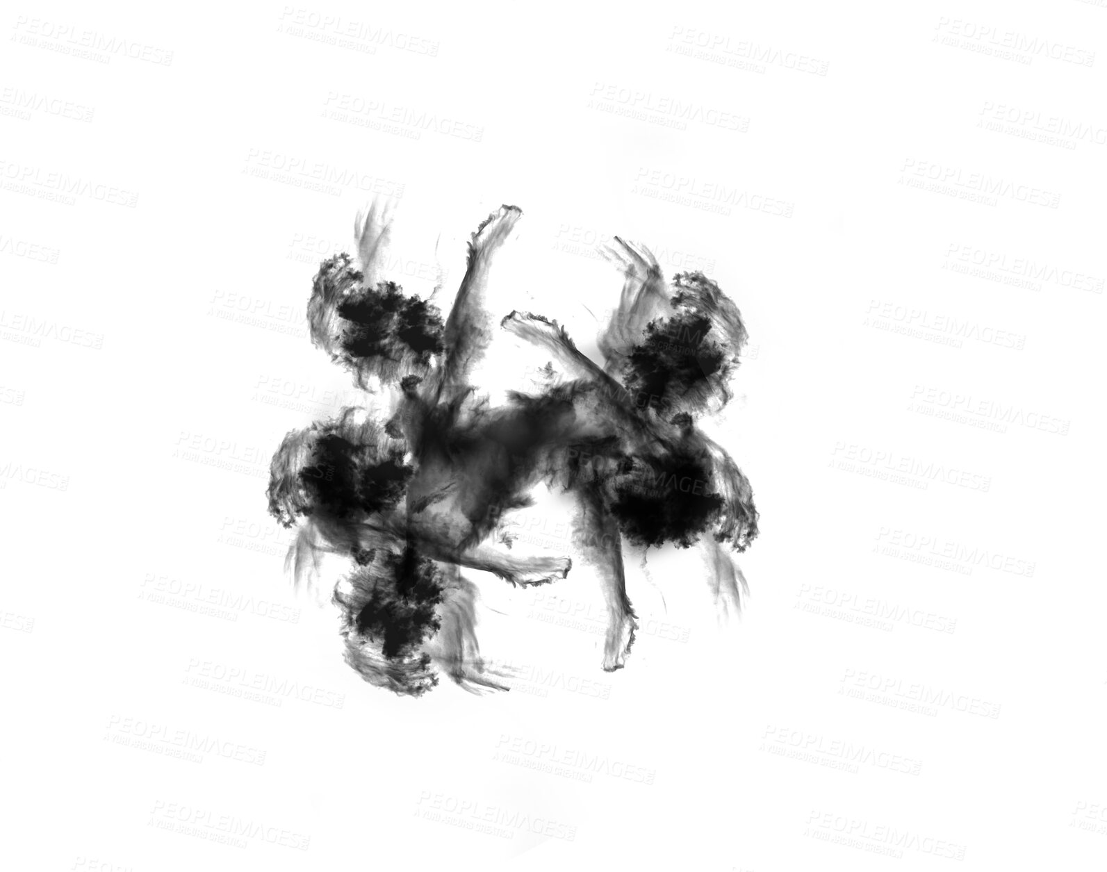 Buy stock photo Black smoke cloud, fog or smokey flare and steam or gas, mist explosion with a powder spray. Abstract clouds graphic, design element and texture isolated on a transparent background