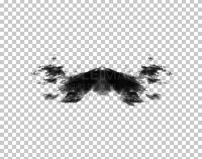 Buy stock photo Black smoke cloud, fog or smokey flare and steam or gas, mist explosion with a powder spray. Rorschach test, design element and texture isolated on a transparent background