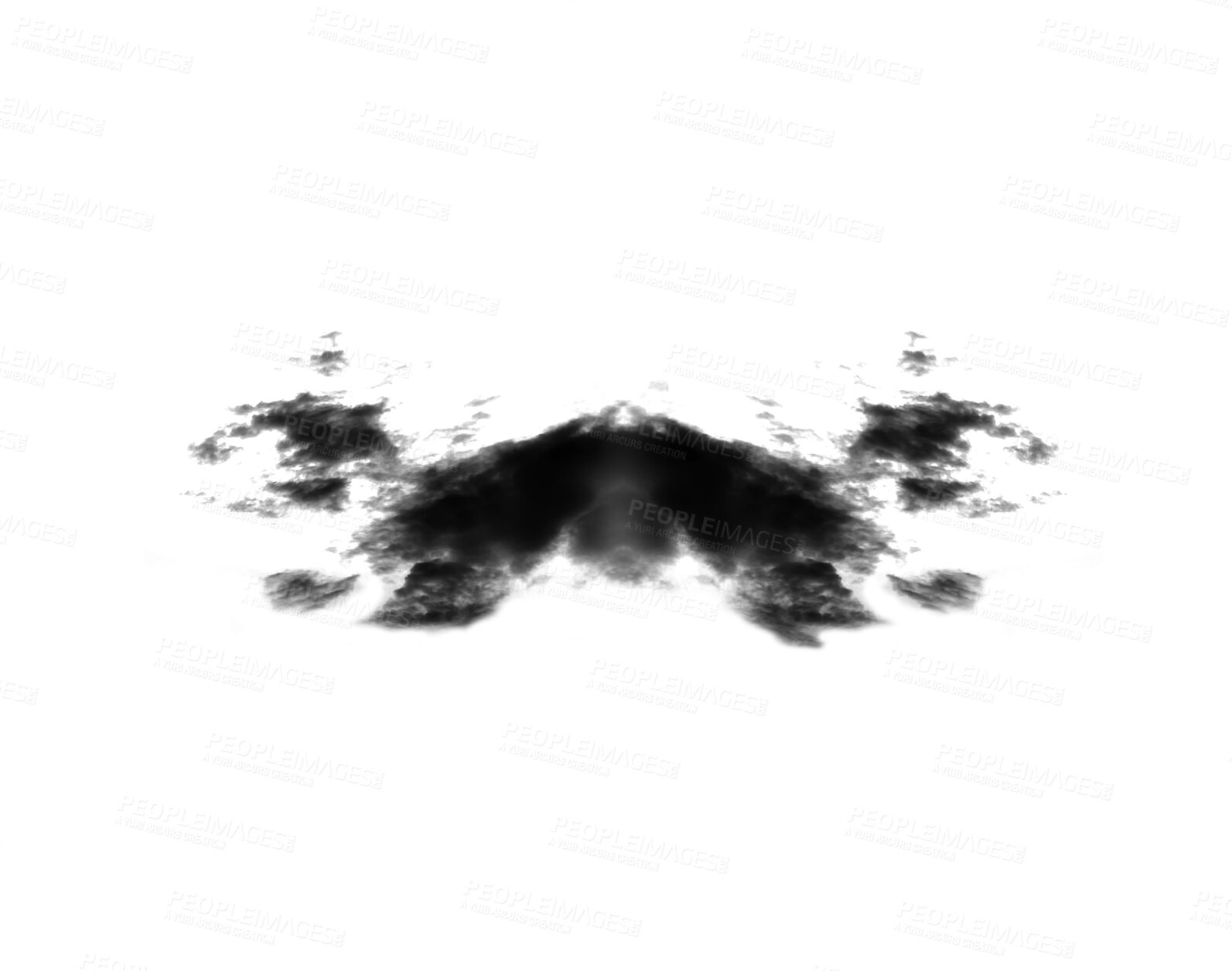 Buy stock photo Black smoke cloud, fog or smokey flare and steam or gas, mist explosion with a powder spray. Rorschach test, design element and texture isolated on a transparent background