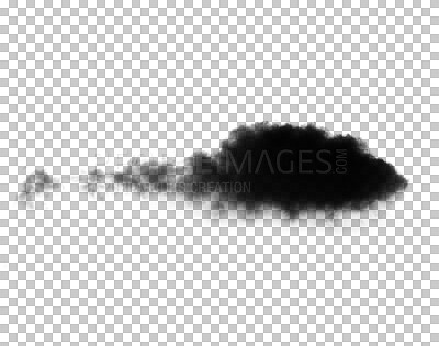 Buy stock photo Png, black smoke and cloud fog or smokey flare and realistic steam or gas, mist explosion with a powder spray and a design element texture isolated on a transparent background