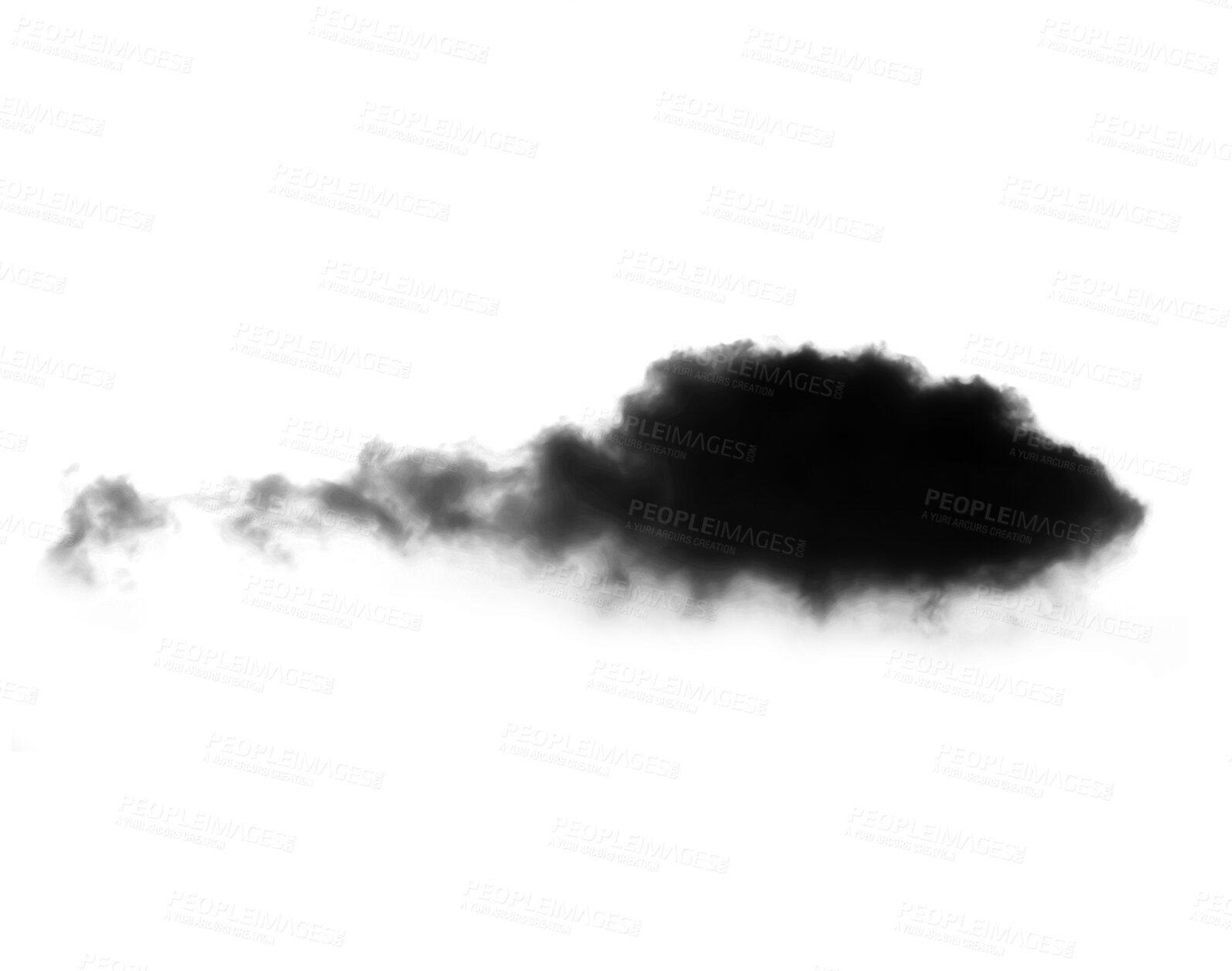 Buy stock photo Png, black smoke and cloud fog or smokey flare and realistic steam or gas, mist explosion with a powder spray and a design element texture isolated on a transparent background