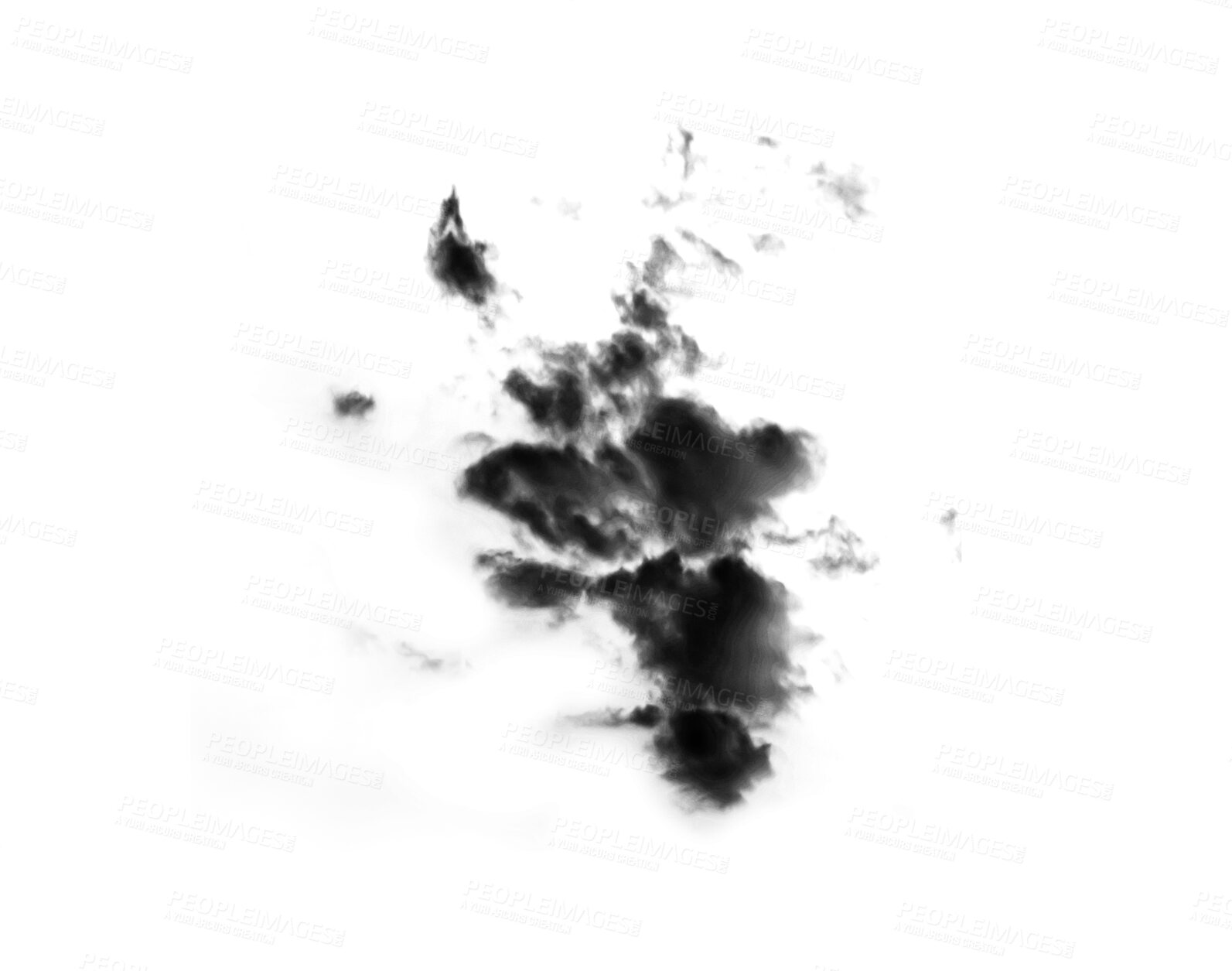 Buy stock photo Black smoke cloud, grunge or ink flare and vapor of steam or gas, mist explosion with powder air spray. Rorschach test, abstract design element and textures isolated on a transparent png background