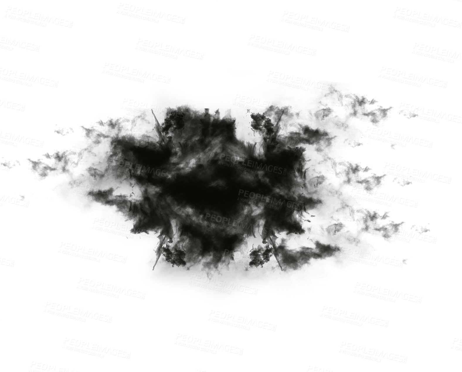 Buy stock photo Black, ink blot and Rorschach test isolated on png or transparent background, psychology and smoke cloud. Mental health, mist or fog, powder spray and steam and psychiatric evaluation