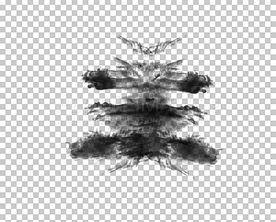 Buy stock photo Black, inkblot and Rorschach test for psychology isolated on png or transparent background with smoke cloud. Mental health, mist or fog, powder spray and steam or psychiatric evaluation