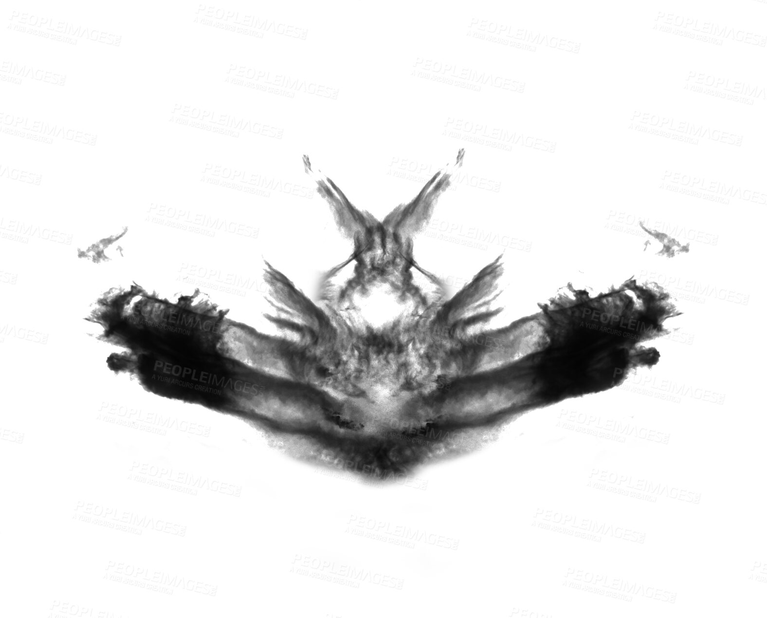 Buy stock photo Black, inkblot and Rorschach test isolated on png or transparent background, psychology and smoke cloud. Mental health, mist or fog, powder spray and steam or psychiatric evaluation