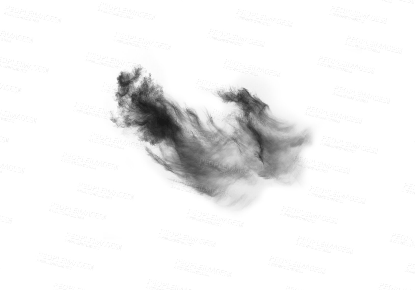 Buy stock photo Black smoke, clouds or fog of graphic, smokey flare or realistic steam of gas or mist explosion powder spray. Design element texture dark cloud isolated on transparent background in PNG format