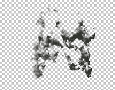 Buy stock photo Black smoke cloud, fog and graphic of smokey flare or realistic steam of gas, mist explosion with powder spray. Design element texture or Rorschach test isolated on transparent png background