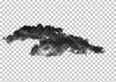 Buy stock photo Black smoke cloud, gas and transparent png for steam, fog or explosion for mist pattern. Abstract, dark dust clouds or pollution design on cutout background for texture, graphic or environment