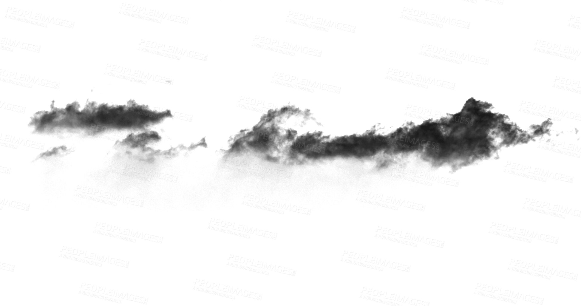 Buy stock photo Black smoke, cloud and fog isolated on png or transparent background of steam or gas with ink blob. Powder spray, smokey and cloudy with mist, graphic and puffy texture with smog