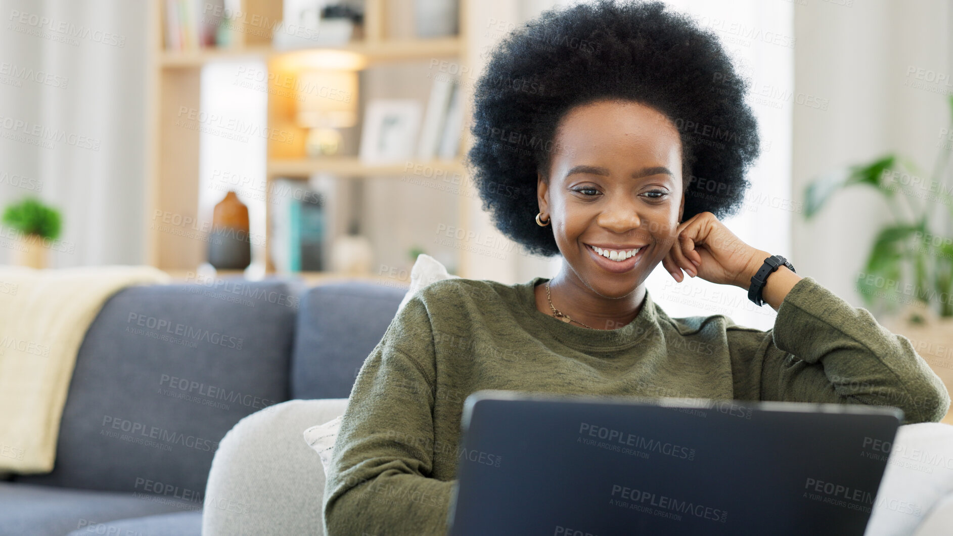 Buy stock photo Woman, laptop and sofa for remote work, social media and watch subscription to internet show at home. Happy african freelancer, computer and reading blog for online shopping, elearning and streaming 