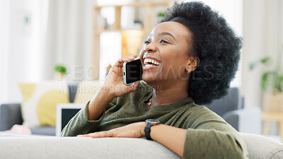 Buy stock photo Happy black woman, phone call and conversation in home for contact, communication and talking on sofa. Smartphone, hello and relax for mobile discussion on social networking, chat and news of gossip