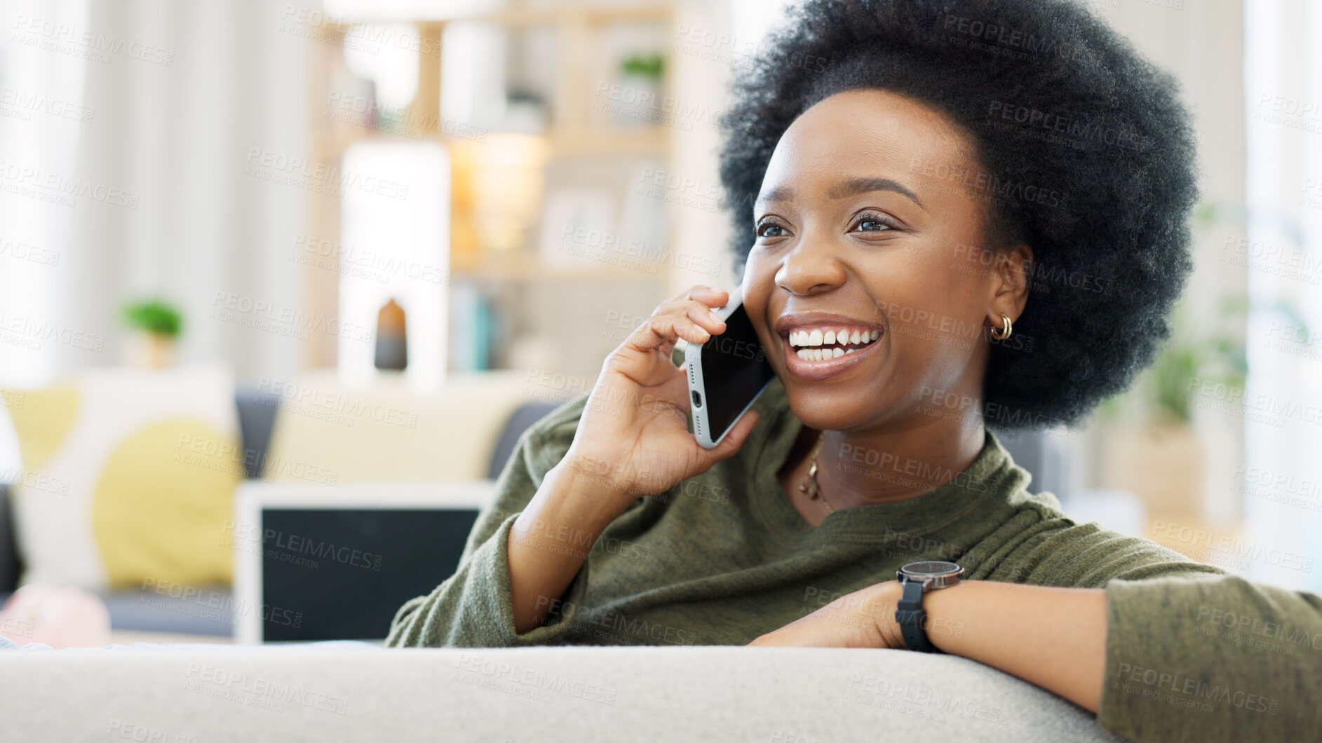 Buy stock photo Black woman, smartphone and happy conversation in home for news, mobile contact and communication on sofa. Phone call, hello and smile for discussion with social networking, chat or talking of gossip