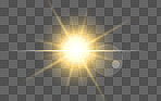 Digital, lens flare and isolated on transparent background with sunshine art, sunrise or morning glow. Big Bang, Flash, star or sky shine pattern on dark or gray png for graphic design