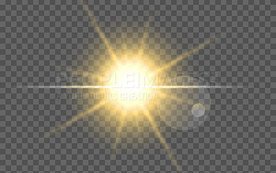 Buy stock photo Digital, lens flare and isolated on transparent background with sunshine art, sunrise or morning glow. Big Bang, Flash, star or sky shine pattern on dark or gray png for graphic design