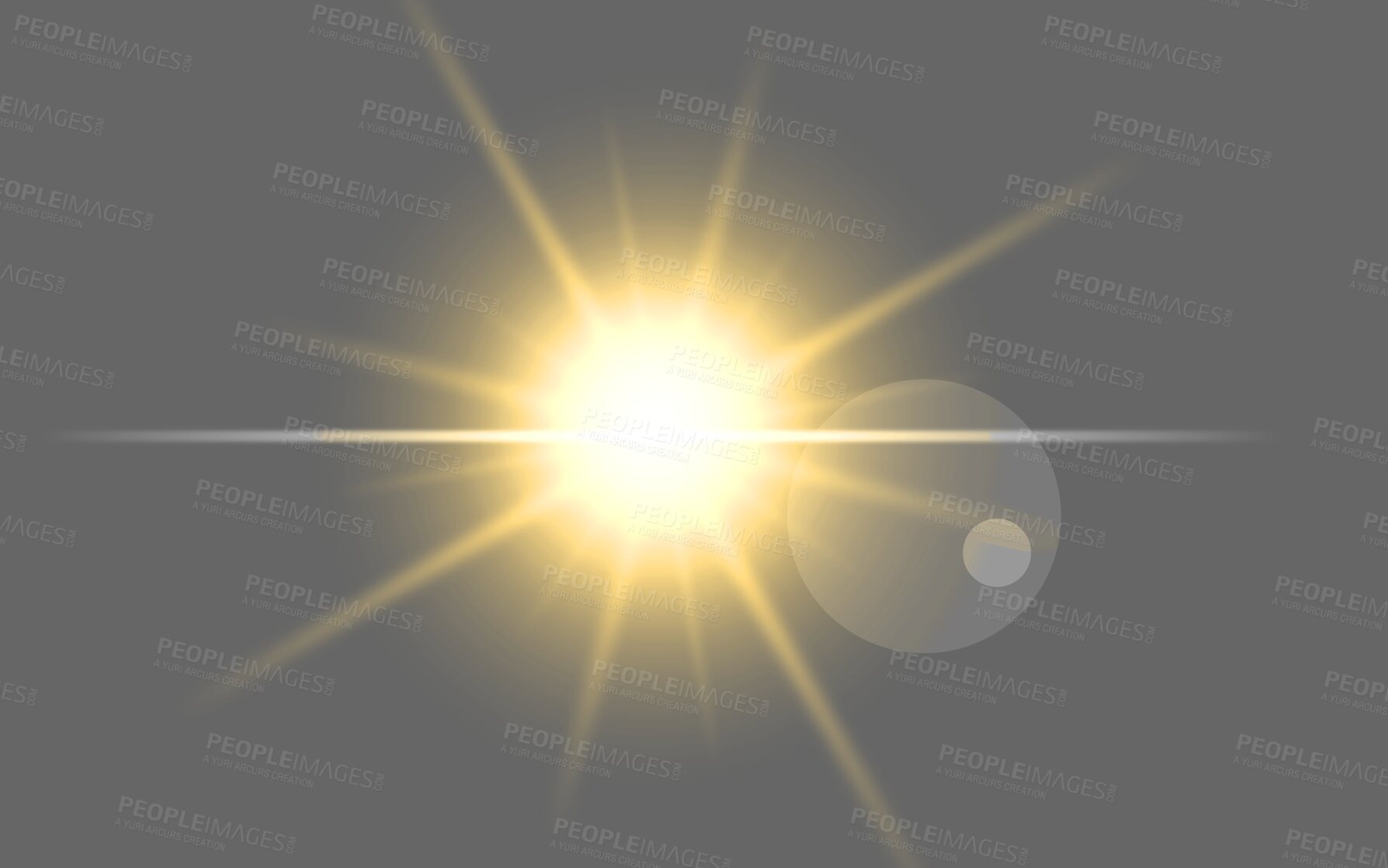 Buy stock photo Digital, lens flare and isolated on transparent background with sunshine art, sunrise or morning glow. Big Bang, Flash, star or sky shine pattern on dark or gray png for graphic design