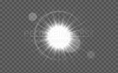 White, lens flare and isolated on transparent background graphic with sunshine art, sunrise or morning glow. Big Bang, flash, star or sky shine pattern on dark or gray png mockup for design