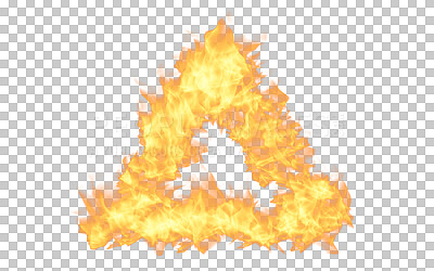 Buy stock photo Fire, flames and heat by transparent png background with mock up space for burning triangle. Burn, flames and mockup for wildfire pyramid, pollution or emergency for natural disaster in design