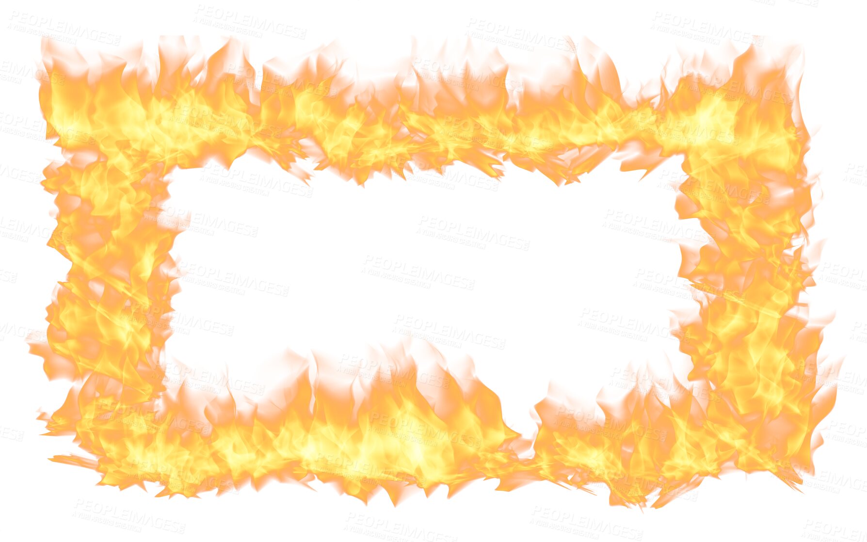 Buy stock photo Fire frame, flame and heat on transparent png background inferno or orange energy icon. Illustration of danger, shape or texture design of realistic wildfire graphic detail, glow or earth element