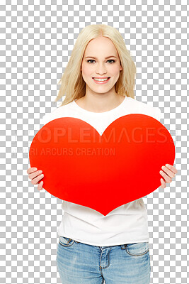 Buy stock photo Woman, portrait and heart shape for valentines day, smile and love, romance or compassion. Happy blond female with loving shaped board emoji for romantic sign isolated on a transparent PNG background