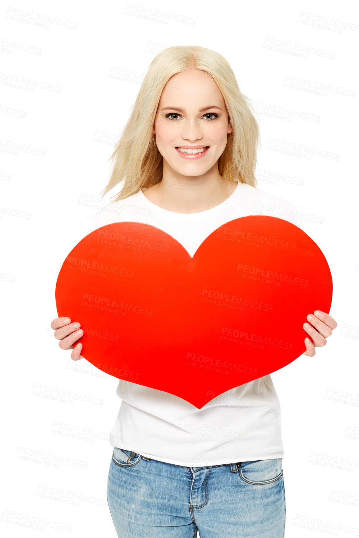 Buy stock photo Woman, portrait and heart shape for valentines day, smile and love, romance or compassion. Happy blond female with loving shaped board emoji for romantic sign isolated on a transparent PNG background