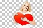 A beautiful happy girl or a young woman posing with a paper heart shape sign or love emoji showing care, affection, self-love, and self-content isolated on a png background.