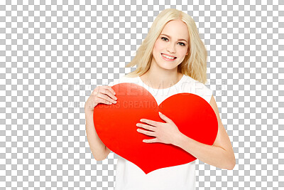 Buy stock photo Portrait, happy and woman with heart paper, emoji icon or love symbol for Valentines Day, care or support. Happiness, smile and person with red romance sign isolated on a transparent, png background