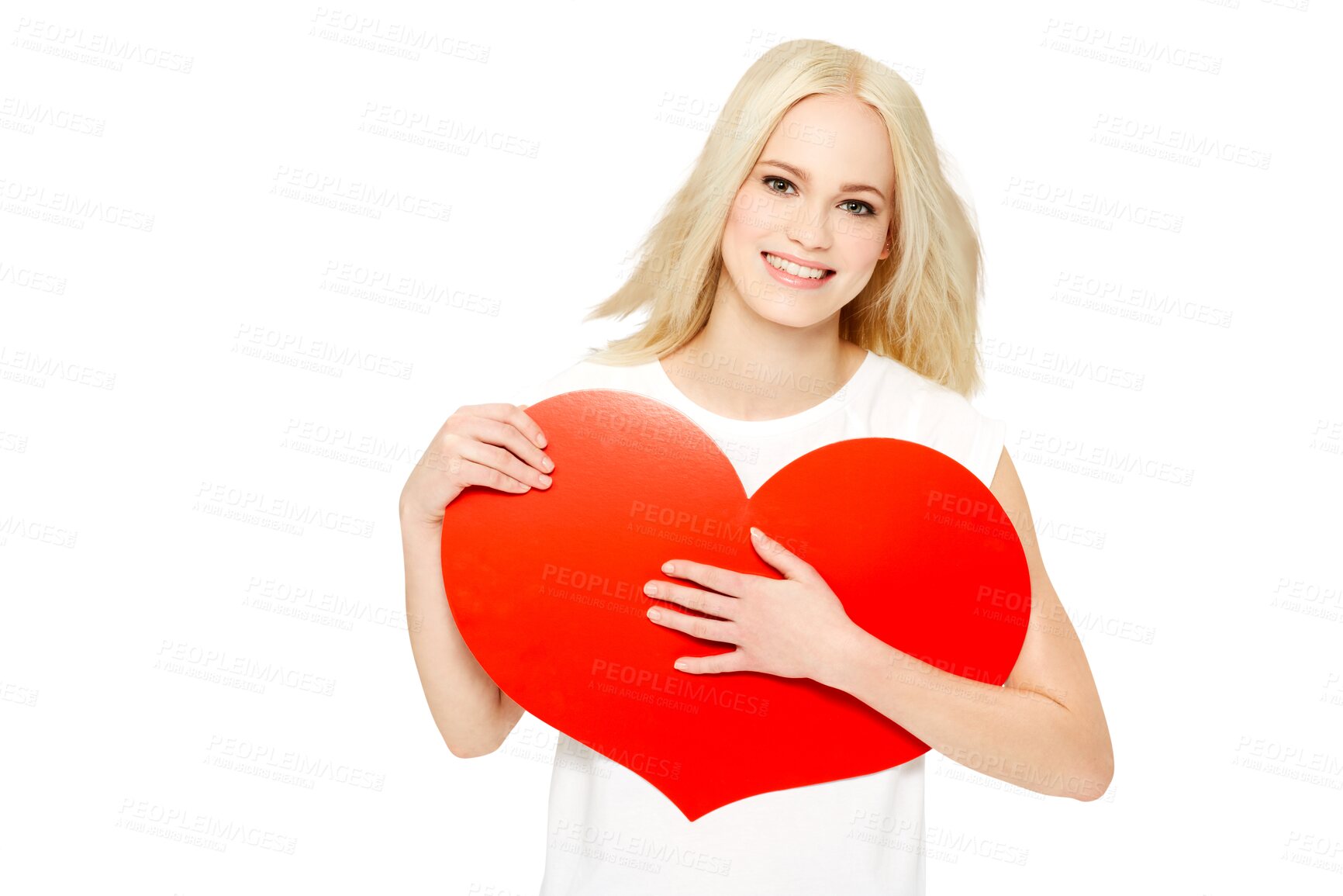 Buy stock photo Portrait, happy and woman with heart paper, emoji icon or love symbol for Valentines Day, care or support. Happiness, smile and person with red romance sign isolated on a transparent, png background