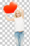 A happy woman or a romantic model holding or posing with a red heart-shaped cardboard poster in her hands with happiness for a romantic date on Valentine's day isolated on a png background.