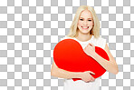 A beautiful enthusiastic young caucasian model or girl holding red heart-shaped cardboard cuttings as a sign or icon for peace, affection, self-love, happiness, care, and joy isolated on a png background.