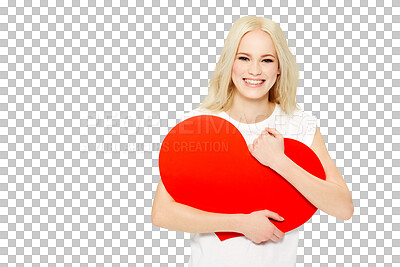 Buy stock photo Love portrait, heart paper and woman smile for Valentines Day, care or romantic support for kindness, health and wellness. Happy, emoji icon and female model isolated on a transparent, png background