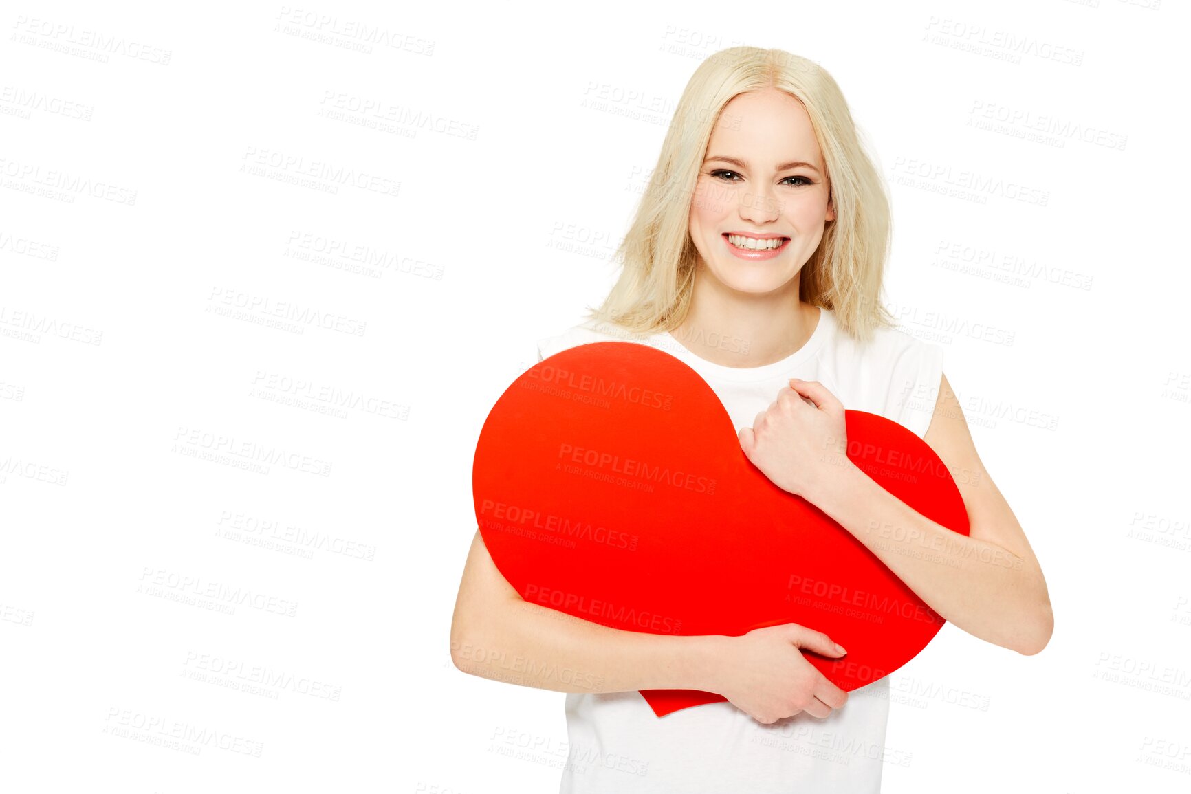 Buy stock photo Love portrait, heart paper and woman smile for Valentines Day, care or romantic support for kindness, health and wellness. Happy, emoji icon and female model isolated on a transparent, png background