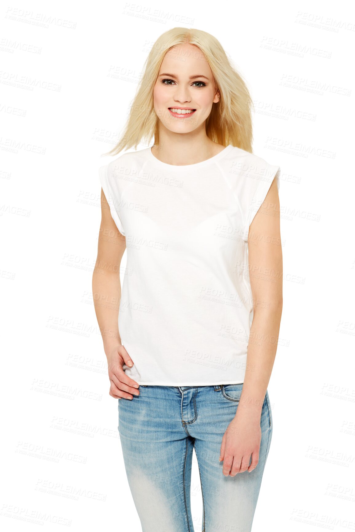 Buy stock photo Happy woman, blond hair and fashion standing in denim jeans with natural cosmetics. Portrait of beautiful female model posing with casual outfit in happiness isolated on a transparent PNG background