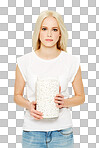 A serious young female or blonde female model or woman on medical, supplements, and medication holding a glass container filled with medicine pills for her healthcare isolated on a png background.