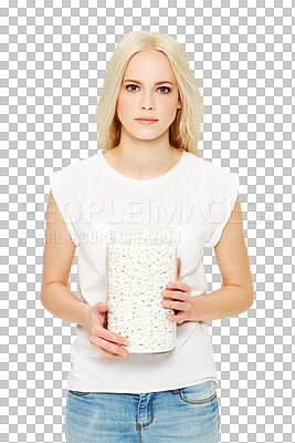 Buy stock photo Medicine, addiction and portrait of a woman with jar of pills, medication and isolated in a transparent png background. Medical, drugs and young female person with glass container of supplements