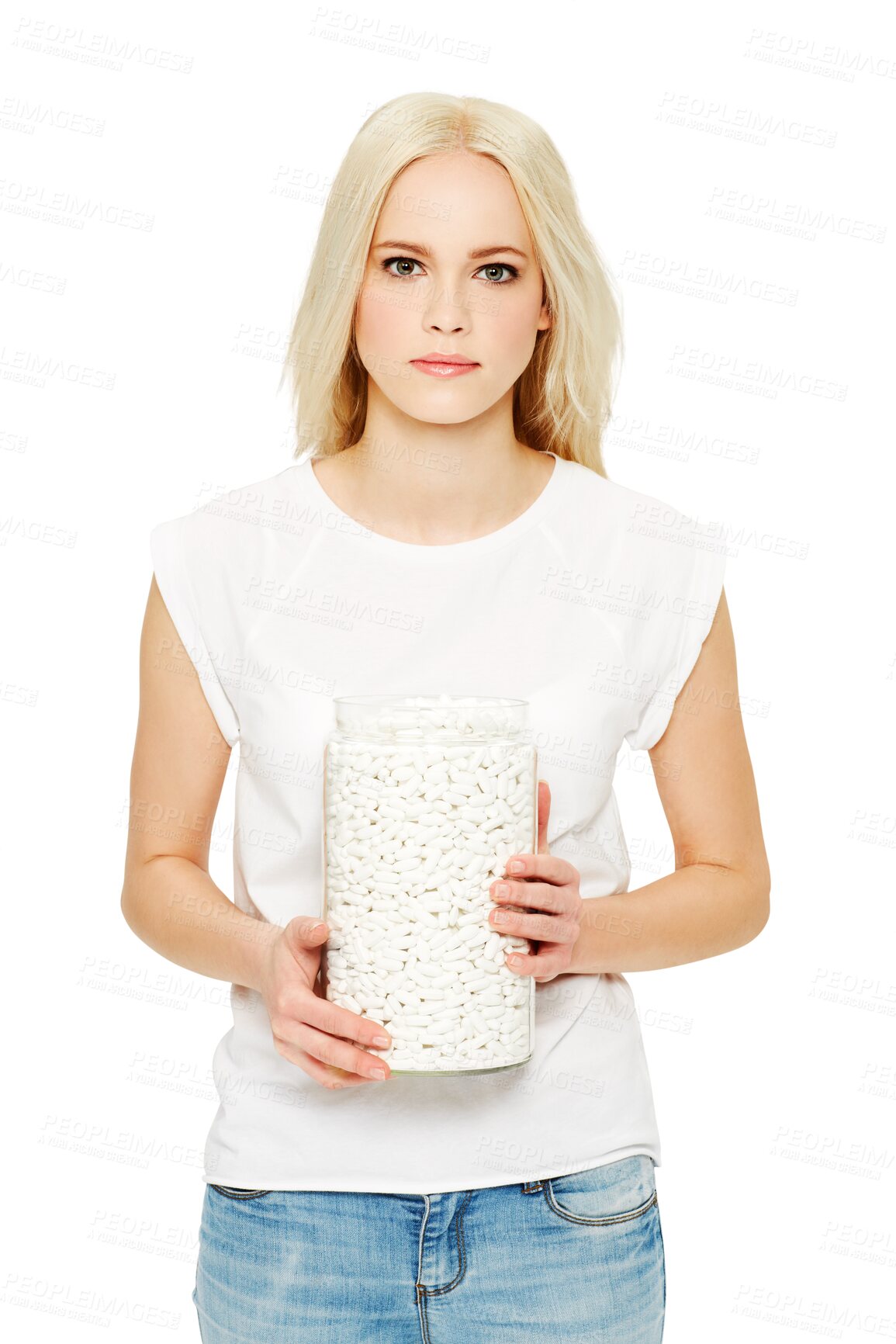 Buy stock photo Medicine, addiction and portrait of a woman with jar of pills, medication and isolated in a transparent png background. Medical, drugs and young female person with glass container of supplements