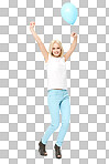 A pretty young female model with fashion clothes and a party mindset holding a blue balloon in the air for happiness or celebration isolated on a png background.