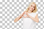 A young female model with a smiling face making a loving heart sign finger gesture for kindness, motivation, support, and happiness isolated on a png background.