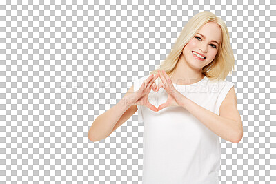 Buy stock photo Happy woman, blond hair and hands in heart shape emoji for love, romance or compassion. Portrait of female with hand together for loving sign, symbol or shape isolated on a transparent PNG background