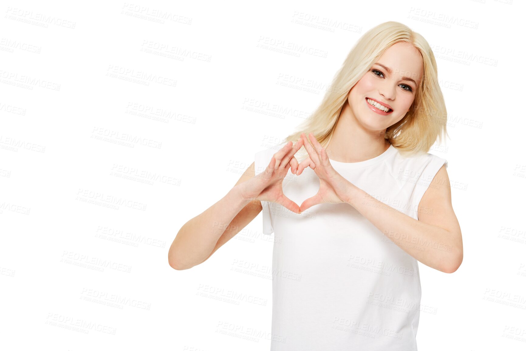 Buy stock photo Happy woman, blond hair and hands in heart shape emoji for love, romance or compassion. Portrait of female with hand together for loving sign, symbol or shape isolated on a transparent PNG background